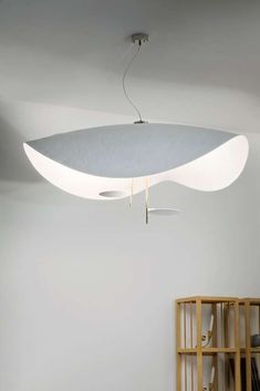 an oval light fixture hanging from the ceiling in a white room with bookshelves