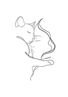 a line drawing of a couple kissing in the shape of a cat's head