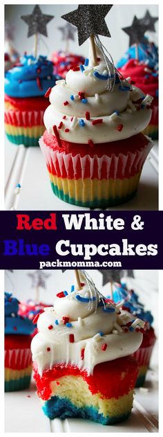 red, white and blue cupcakes with sprinkles on top are ready to be eaten