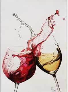 two wine glasses with red and white wines splashing into each other's beaks