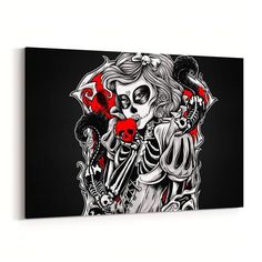 a skeleton holding a red heart on a black and white background canvas wall art print