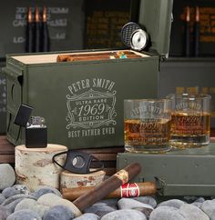 The cigar lover in your life will be speechless when you give them these incredible custom cigar gifts! Included in this impressive set is a 50 caliber ammo can with a handmade 0.25” wood insert, hygrometer, humidifier, two rocks glasses, a cigar cutter, and lighter. The ammo can and glasses are all personalized with two lines of text and a year. This unique humidor is the perfect place to store and transport your stogies, and thanks to the cigar cutter and lighter you’ll always be prepared to l Whiskey Gift Set, Bourbon Glasses, Whiskey Set, Police Gifts, Personalized Whiskey, Whiskey Gifts, Whiskey Decanter, Whiskey Glass, 60th Birthday Gifts