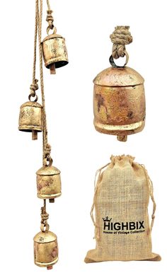 three bells are hanging from ropes in different styles and sizes, with the word highbix written on them