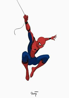 a spider man flying through the air while holding onto a string with his hands and legs