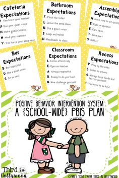 two children shaking hands with each other in front of the classroom expectations checklist poster