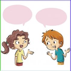 two people talking to each other with speech bubbles above them