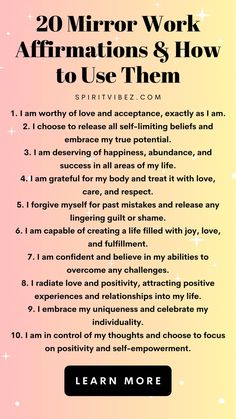 20 Mirror Work Affirmations & How to Use Them Mirror Work Aesthetic, Mirror Work Spiritual, How To Do Mirror Work, How To Practice Affirmations, Mirror Affirmations, Mirror Work Affirmations, Mirror Of Affirmations, Afirmations On Mirror Aesthetic, Daily Affirmations On Mirror