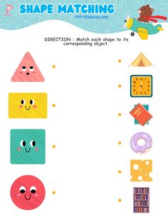 Shape Matching Worksheets For Preschool Match The Shapes With Objects Worksheet, Match The Shapes Worksheet, Shapes Matching Game Free Printables, Matching Worksheets For Preschool, Shapes Identification Worksheets, School Objects, Shape Matching Game, Shape Worksheets For Preschool, Fun Worksheets For Kids