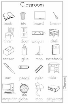 the classroom worksheet is filled with pictures and words to help students learn how to use