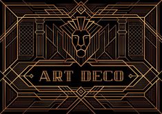 art deco background with golden lines and lion head in the center, on a black background