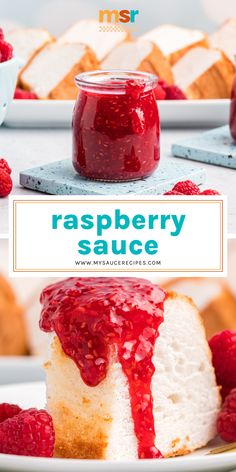 raspberry sauce in a jar on top of a piece of cake