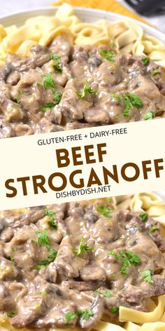 beef stroganoni with gravy on top in a white plate and the text gluten free dairy - free beef strogan