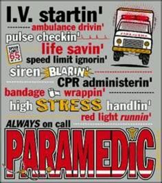 a poster with the words paramedic written in red and white on grey background