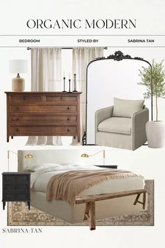 an image of a bedroom with furniture and accessories in it's design board, including a bed