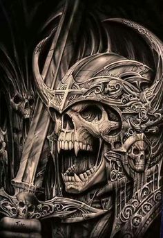 a black and white drawing of a skull wearing a pirate hat with two swords in his hand