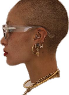 an image of a woman's head with glasses and jewelry on her face, as if she is wearing some kind of earring