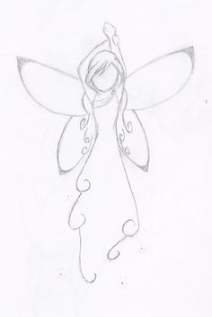 a pencil drawing of a fairy with wings and a halo on her head, standing in front of a white background