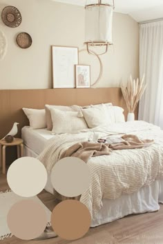 a bed with white sheets and pillows in a bedroom next to some pictures on the wall