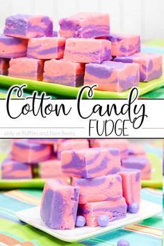 cotton candy fudges on a plate with the words cotton candy fudge above them