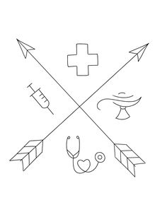 an image of medical symbols drawn in black and white with arrows pointing up to the cross