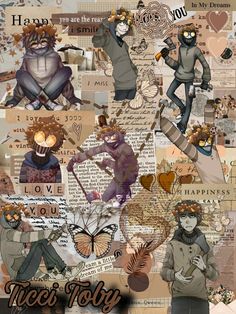 a collage of people and animals with words on them that say tree's boy