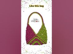 a crocheted purse with pink and green trimmings on the front, next to a card that says like this bag