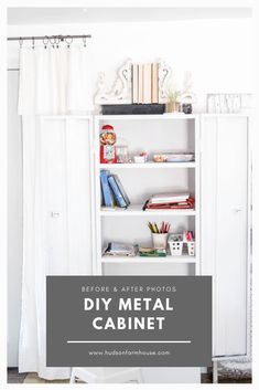 a white book shelf with books and other items on it in front of the words before & after photos diy metal cabinet