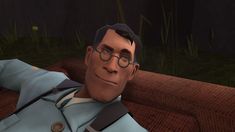 an animated man with glasses and a blue shirt is laying on a couch in the dark