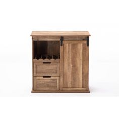 a wooden cabinet with two drawers and one door open