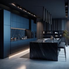 a modern kitchen with blue cabinets and black marble counter tops, along with bar stools