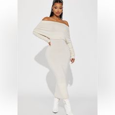 New With Tags. Sweater Maxi Dress. Go Be Stylish In This World Dresses Off Shoulder, Sweater Maxi Dress, Off Shoulder Maxi Dress, Off Shoulder Sweater, Fashion Nova Dress, Fashion Nova Dresses, Cream Sweater, Loose Tops, Fitted Skirt