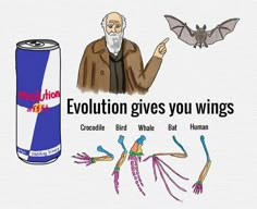 an old man is pointing to the side of a can and two flying insects are in front of him