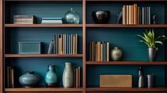 a bookshelf filled with lots of books and vases next to each other