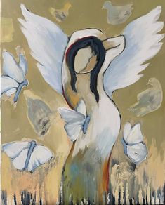 a painting of a woman with white wings