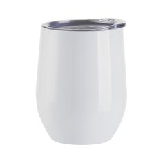 a white cup with a silver rim on a white background