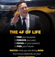 a man in a suit and tie standing next to a car with the words, the 4 of life