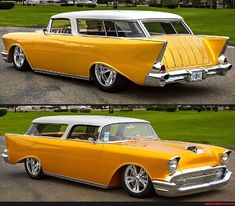 two pictures of an old yellow and white station wagon