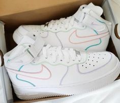 These Custom Nike Airforce 1s are completely hand-painted and water-resistant. All orders done by FiRE Customs are made with a lot of attention and detail to give our customers a high-quality product. Due to our products being made to order, we are not able to accept returns or exchanges. However, If you are not satisfied with your order we welcome you to send the order back to us and we will fix the shoes to your liking. We love collaborating with our customers on new ideas and welcome changes Nike Air Force Mid, Airforce 1s, Teen Shoes, Ball Shoes, Custom Nike, Cute Nike Shoes, Fresh Shoes, Nike Air Force Ones, Sneakers Athletic