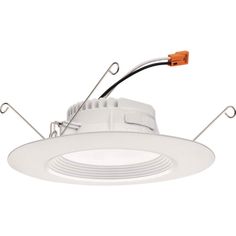 a white downlight that is on top of a ceiling fixture with wires attached to it