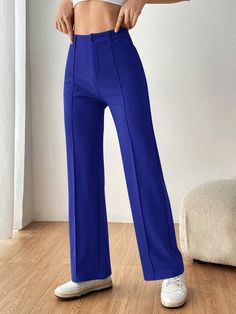 Ladies' Solid Color Toothpick & Straight Leg Suit Pants Blue Casual   Knitted Fabric Plain Straight Leg Slight Stretch  Women Clothing, size features are:Bust: ,Length: ,Sleeve Length: Women Suit Pants, Brides Room, Suit Pants, Fashion Online Shop, Suits For Women, All Fashion, Women Clothing, Knitted Fabric, Length Sleeve