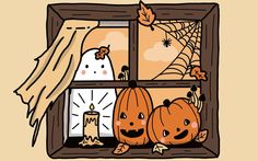 a window with pumpkins and a ghost in it