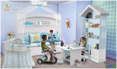 two children are playing in a dollhouse with furniture and toys on the floor,