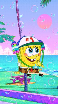 the spongebob character is wearing a hat and standing in front of some water bubbles