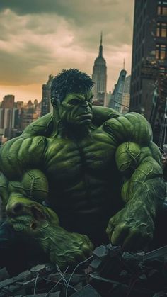 the incredible hulk is sitting in front of a cityscape with his hands on his knees