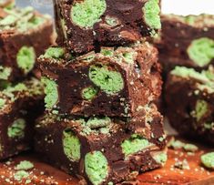 chocolate and mint brownies stacked on top of each other