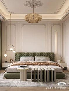 a bedroom with a large bed and chandelier in the ceiling, along with a round coffee table