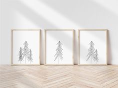 three framed art prints on a wall in an empty room with parquet flooring