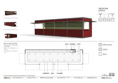 an architectural drawing of a food stand with red walls and metal roofing, along with information about the structure