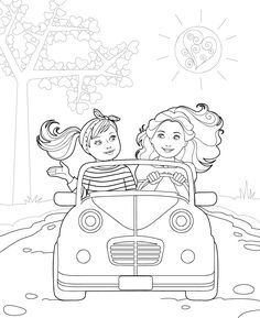 two girls are driving in the car coloring page