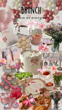 a bunch of food and drinks on a table with balloons in the background that say brunch